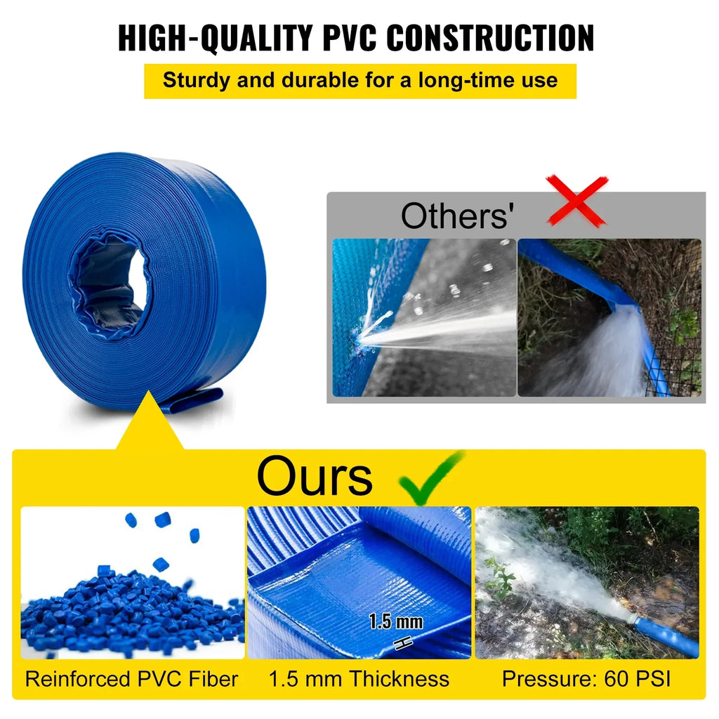 Transfer, Swimming Clamps, 2" Duty Hose Drain Flat 105', PVC Discharge Weather-proof Water Lay with Heavy for & Fabric Backwash BENTISM Ideal & Pool Blue x Hose, Burst-proof, Hose,
