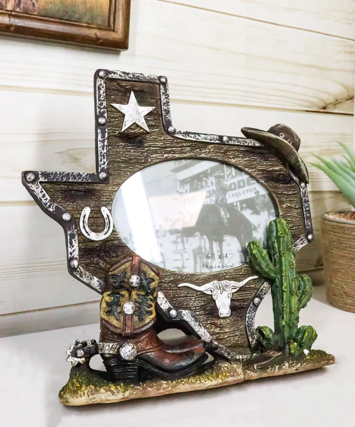 Rustic Cactus 4"X6" Map State Cowboy Picture Frame Texas Boot Western Longhorn