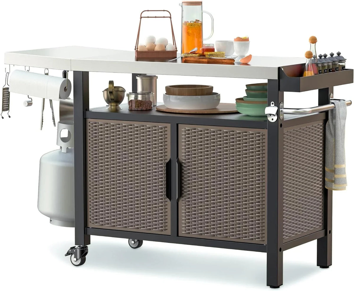 SUSIMOND and Table Rolling Shelf Stainless XL Wheels with Storage Countertop, Side Outdoor Steel 53-Inch Cart Indoor Worktable Island with Cabinet Kitchen for Dining