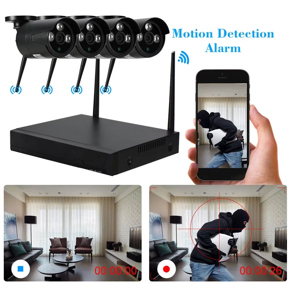 Motion Kit Waterproof P2P 1080P 4pcs HD with Detection Camera Control WiFi WiFi CCTV NVR IR-CUT Night System 1.0MP IP Phone 4CH Wireless Outdoor Vision for Support