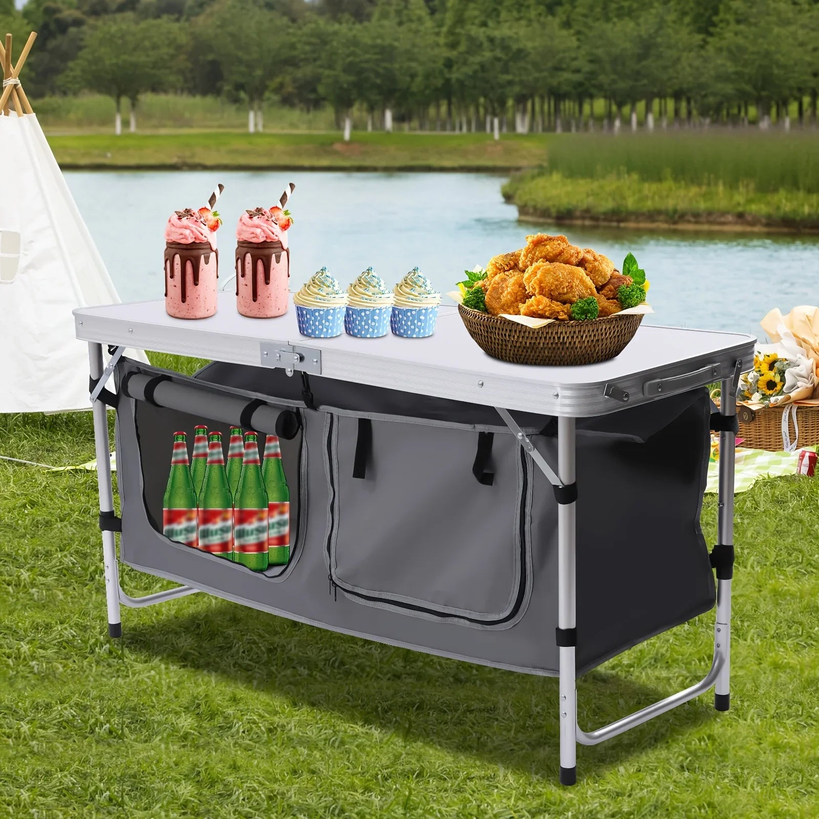 Camp Tailgating Picnic Folding Height Storage Indoor Compartment Table Kitchen Backyards Outdoor with Camping Adjustable BBQ for Table Table Lightweight Perfect