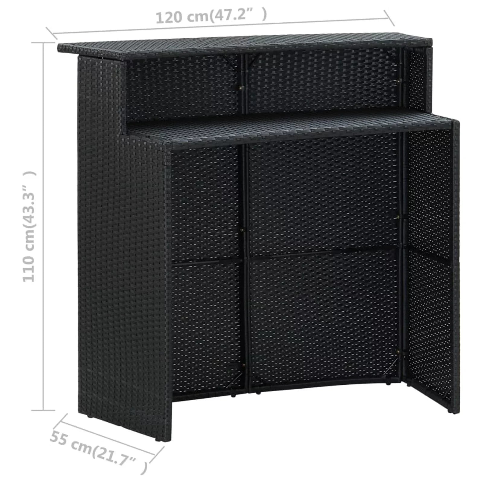 Bistro, Poly Stool 3 Set Shelf for Piece with Rattan Dining Black Bar Chairs 2 Table Cushioned Terrace, Pub, Patio and Dcenta Storage Set Backyard, Garden