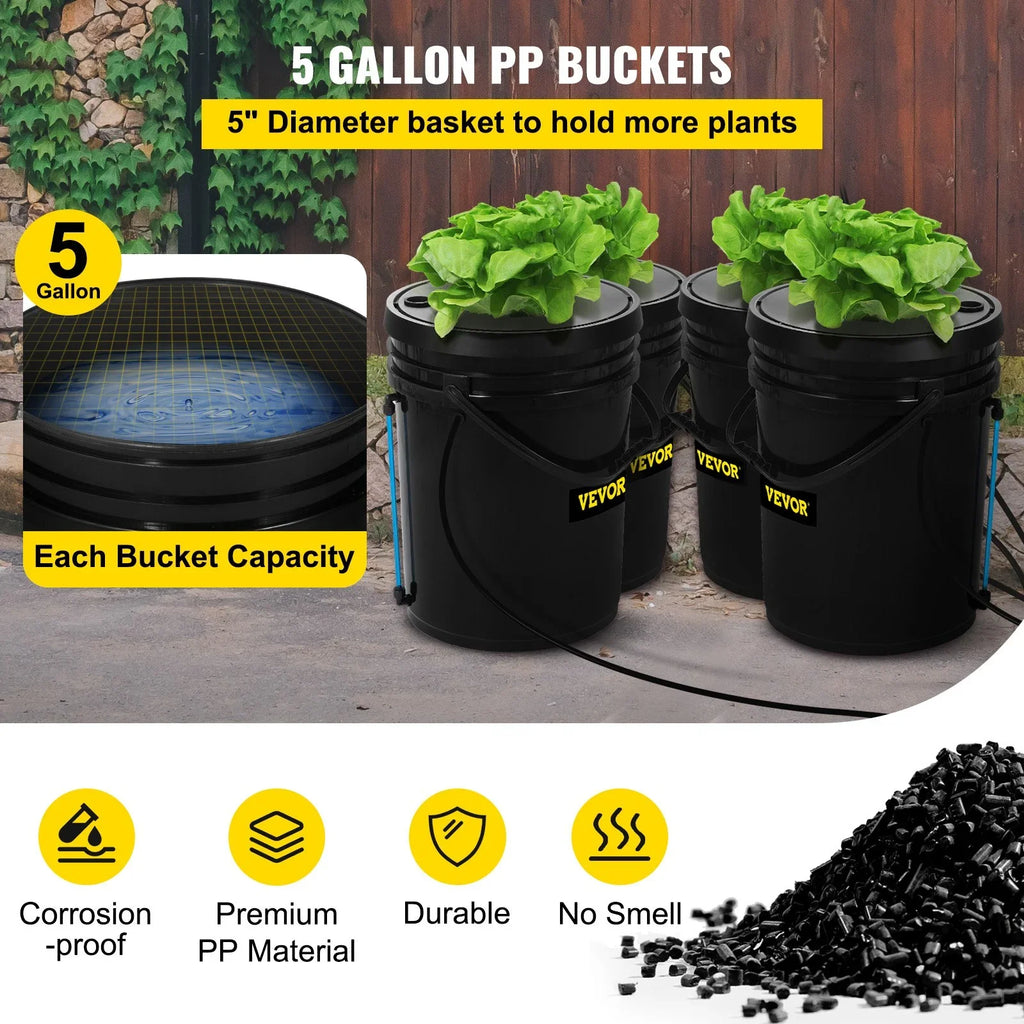 Indoor/Outdoor Water VEVOR Leafy Hydroponic Kit, 4-Bucket Vegetables for Indicator Level DWC Stone Air 5-Gallon, Pump, & with Grow System