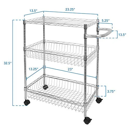 Wire Cart with 3-Tier Metal Handle for Storage Wheels and Cart Mesh Heavy-Duty Storage Silver Kitchen Trolley Multi-Function | Rolling Organization and | Mount-It! |