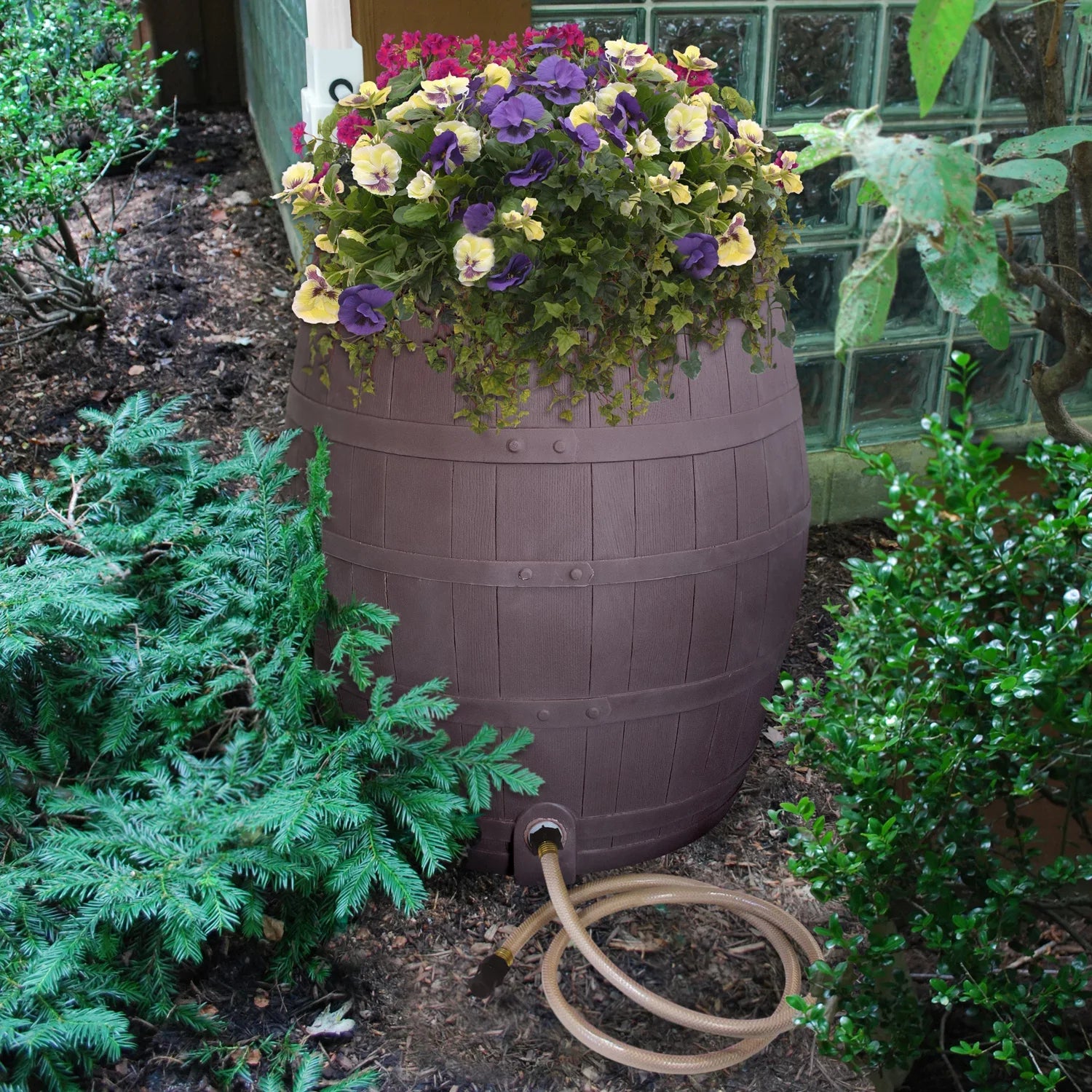 – 50-Gallon Design – Outlet Hose Diverter, Flatback Includes Planter, Whiskey Rain Barrel Rain – Rescue Brown Water