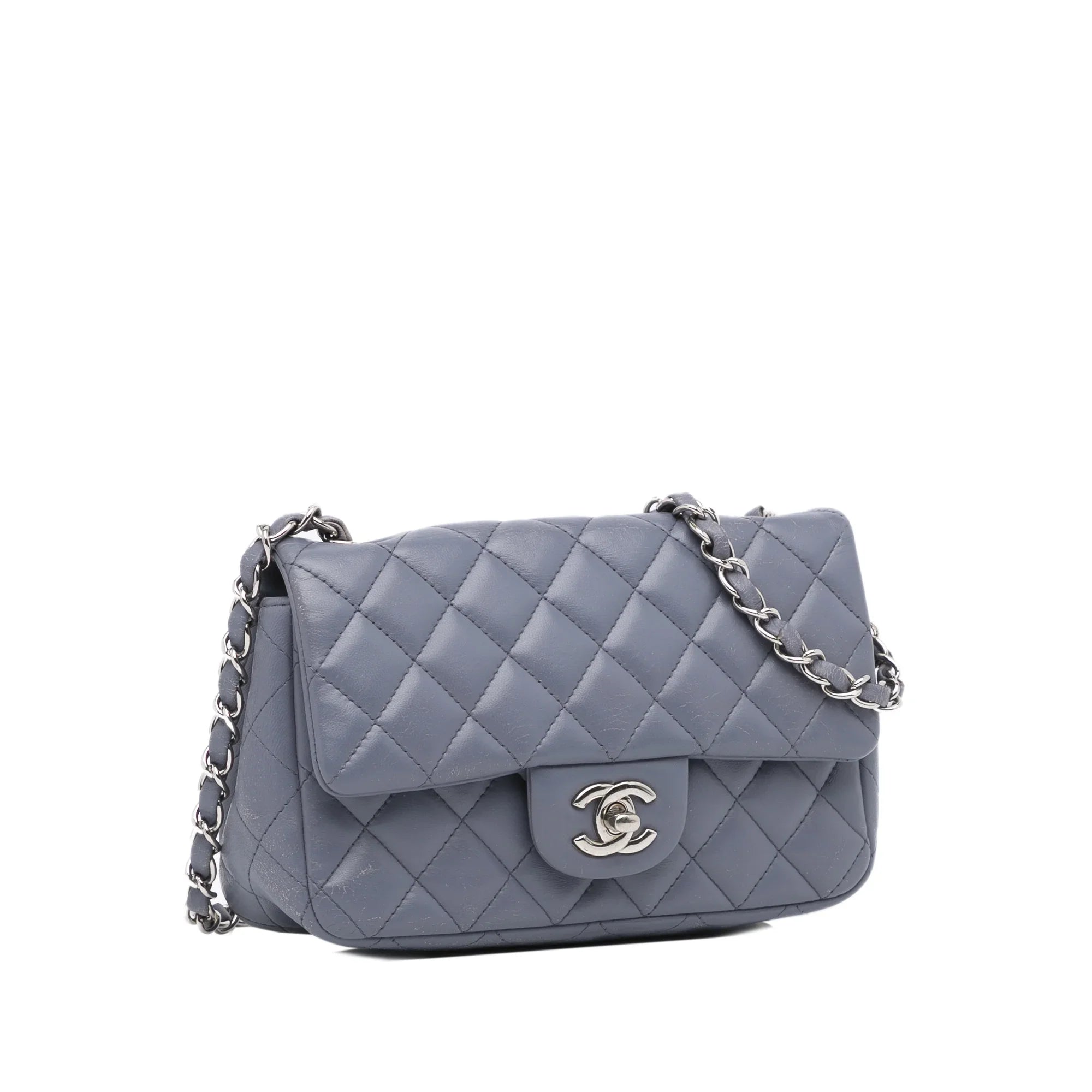 Classic Chanel Mini Flap Leather Lambskin Pre-Owned Authenticated (Fair) Single Bag Unisex Crossbody Rectangular Gray