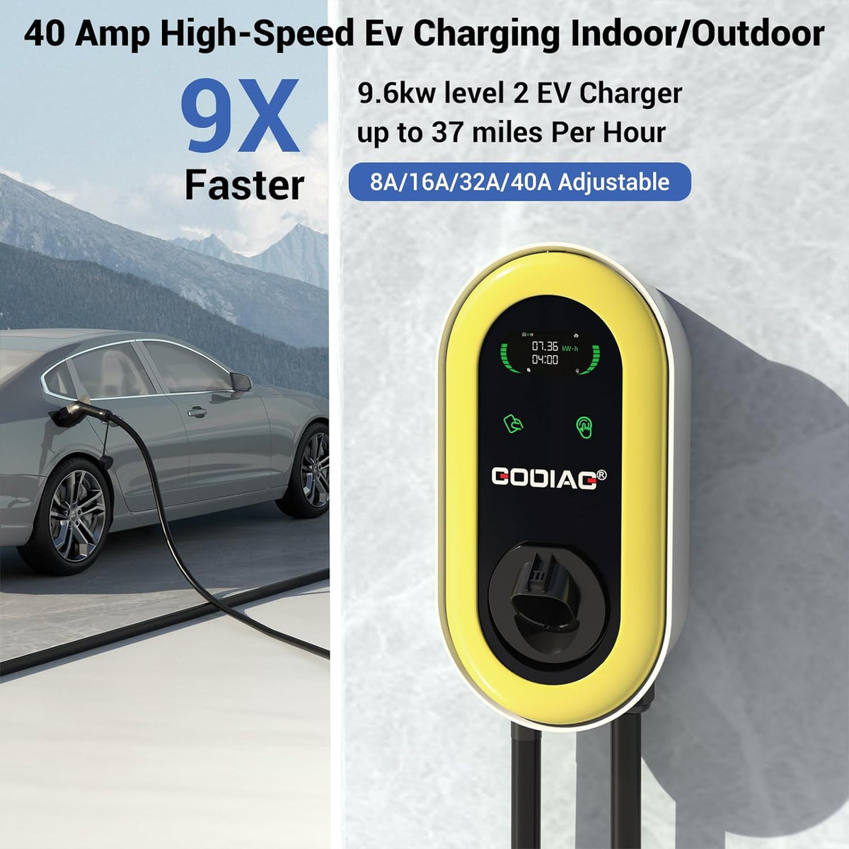 Level 25ft with Outdoor Hardwired Car 40Amp/9.6kw Electric GODIAG Station Cable EV 2 Fast 240V Charger, Charging Wall-Mount Indoor Home
