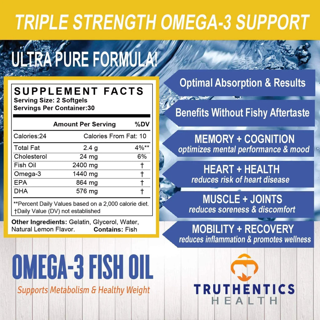 3 Truthentics Omega (2 Burpless Pack) - Pure 3 mg Omega 2400 Fish EPA - Sea-Harvested DHA Acids Oil Strength Fish Triple 120 100% Oil Softgels - - Fatty High Lemon Flavor