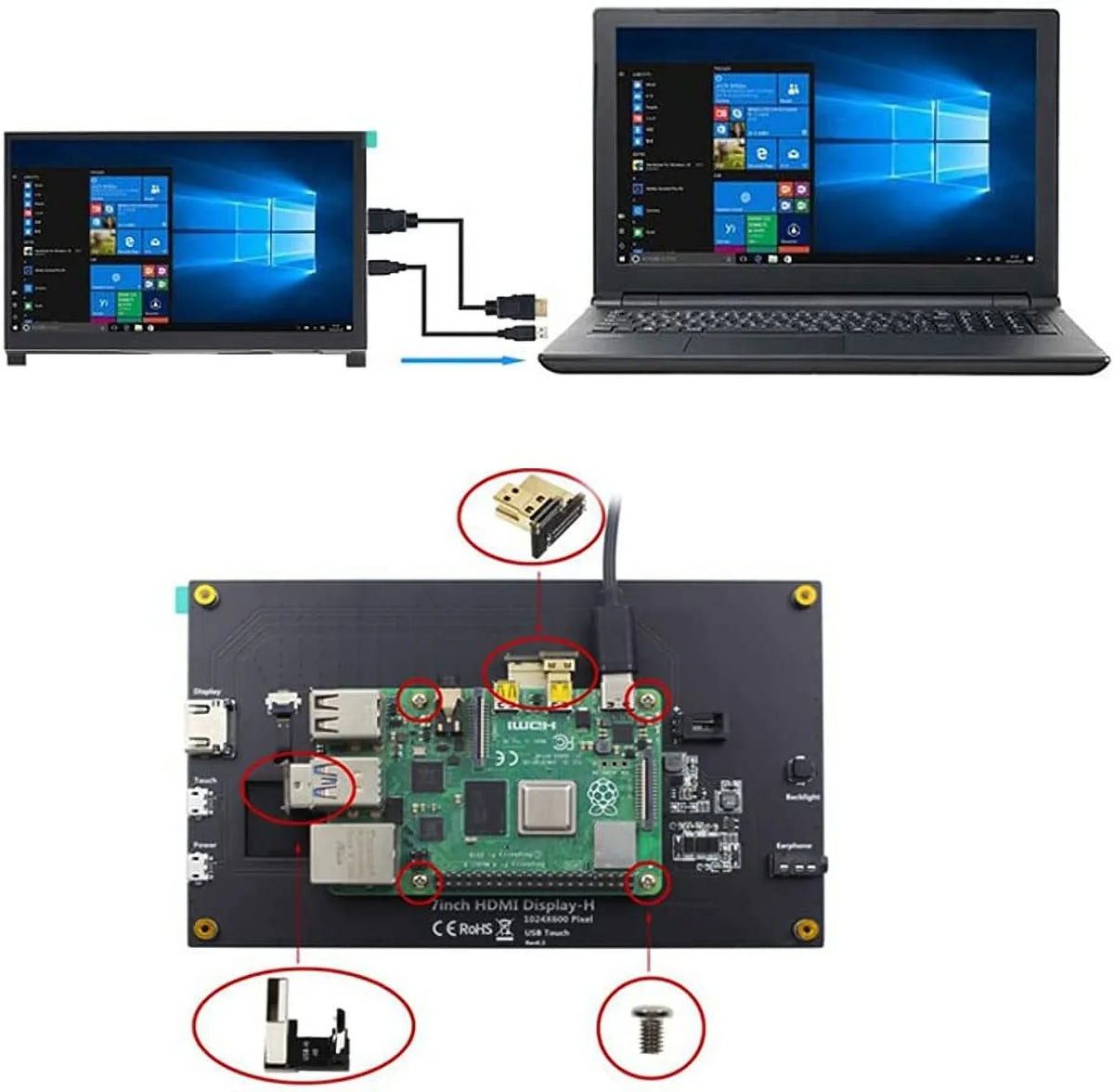 Monitor Drive-Free Pi HD 3B+/4B LCD IPS HDMI Display Stand-H HDMI with Monitor Compatible Raspberry Treedix 7 with Display 1024x600 Touchscreen inch
