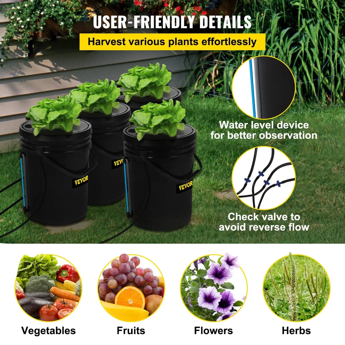 Indoor/Outdoor Water VEVOR Leafy Hydroponic Kit, 4-Bucket Vegetables for Indicator Level DWC Stone Air 5-Gallon, Pump, & with Grow System