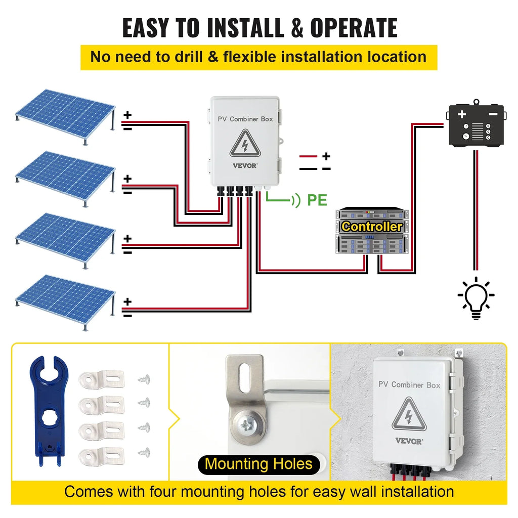 63a Box Solar Solar On PV Waterproof Grid Solar String, Fuse, Lightning Rated Panel and with Circuit Arreste Current Box, Combiner / 4 System, 15a Off IP65 for Connector, VEVOR Combiner Breaker,