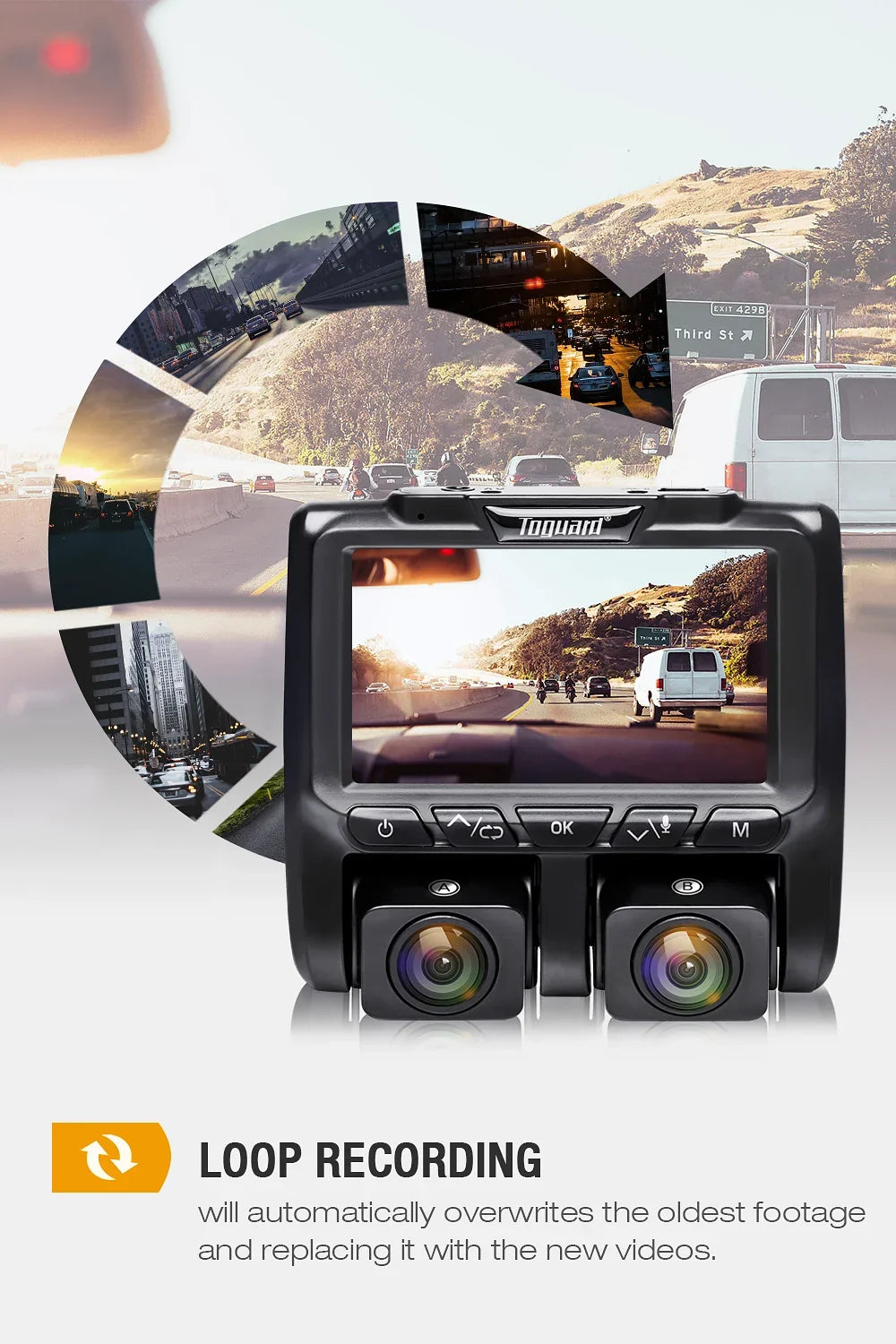 and Camera Inside LCD Black HD Cams Front Cam, TOGUARD Dash Dashboard Dash Car Dual Full 1080P+1080P 3" Camera