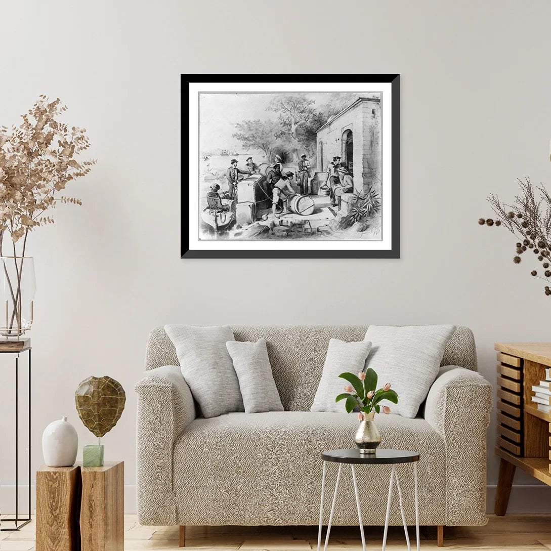Framed 17-7/8" filling on River,. fresh the Columbus Spring Print, 1871]: with [Dominican Seamen water, Historic The Diago 21-7/8" Republic, x Ozania casks