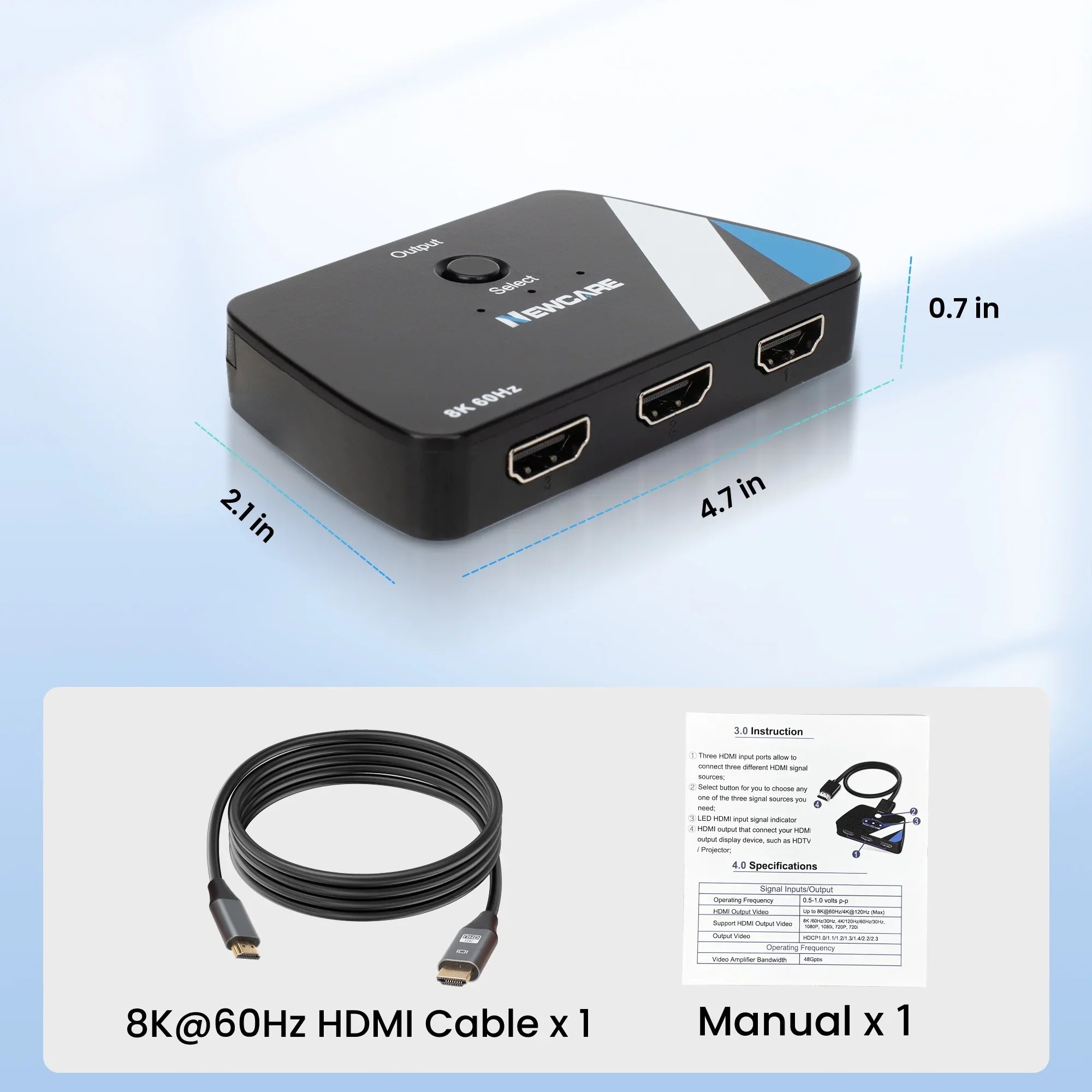 2.1 1 Splitter NS HDMI HDR Switcher 2.1 Out, NEWCARE ft Selector HDMI 3 HDMI Roku 2.6 in Switch Dolby HDMI Cable, 4K@120Hz Switch 3D Box Fire Stick with Supports 3 Atmos Port 8K@60Hz PS4/PS5 Xbox for