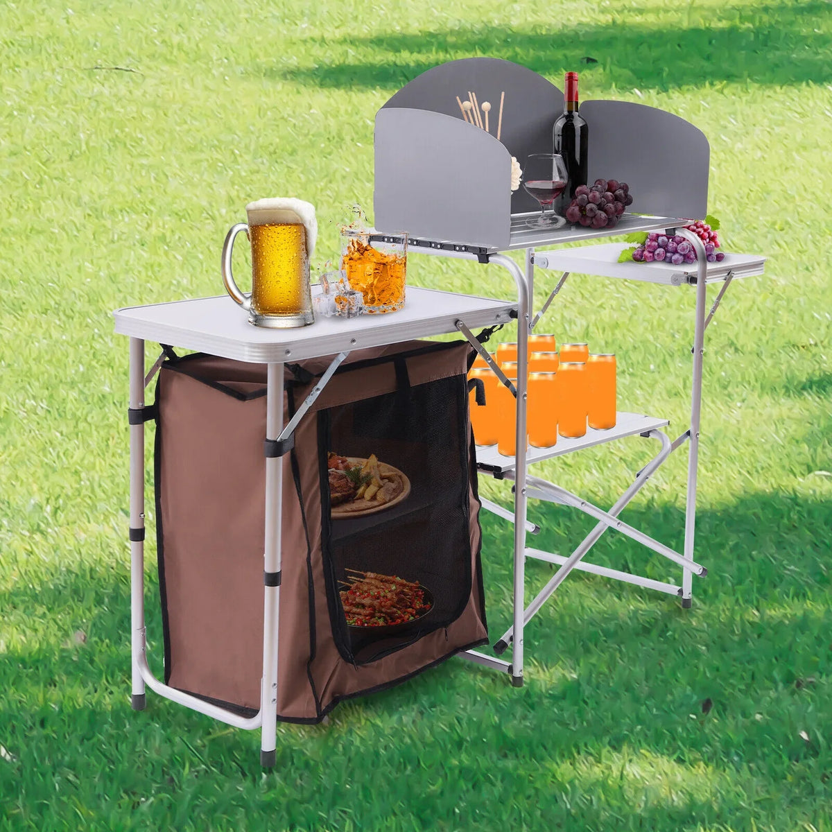 Barbecue Camping Folding Table Portable Rack+Brown Fabric Station Cover