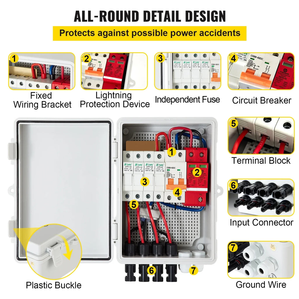 63a Box Solar Solar On PV Waterproof Grid Solar String, Fuse, Lightning Rated Panel and with Circuit Arreste Current Box, Combiner / 4 System, 15a Off IP65 for Connector, VEVOR Combiner Breaker,