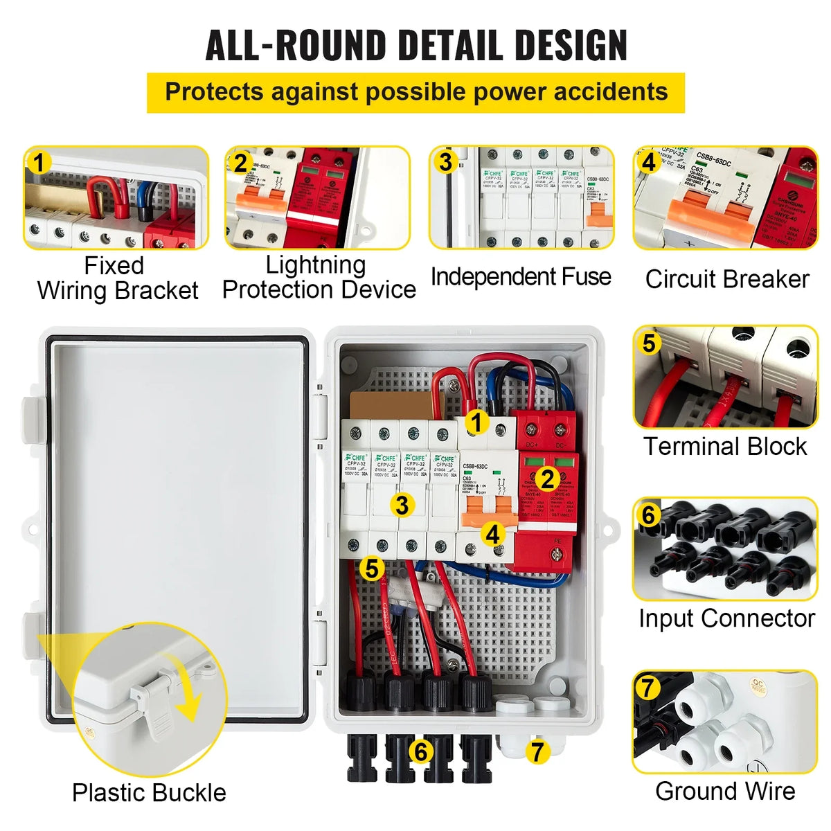 63a Box Solar Solar On PV Waterproof Grid Solar String, Fuse, Lightning Rated Panel and with Circuit Arreste Current Box, Combiner / 4 System, 15a Off IP65 for Connector, VEVOR Combiner Breaker,