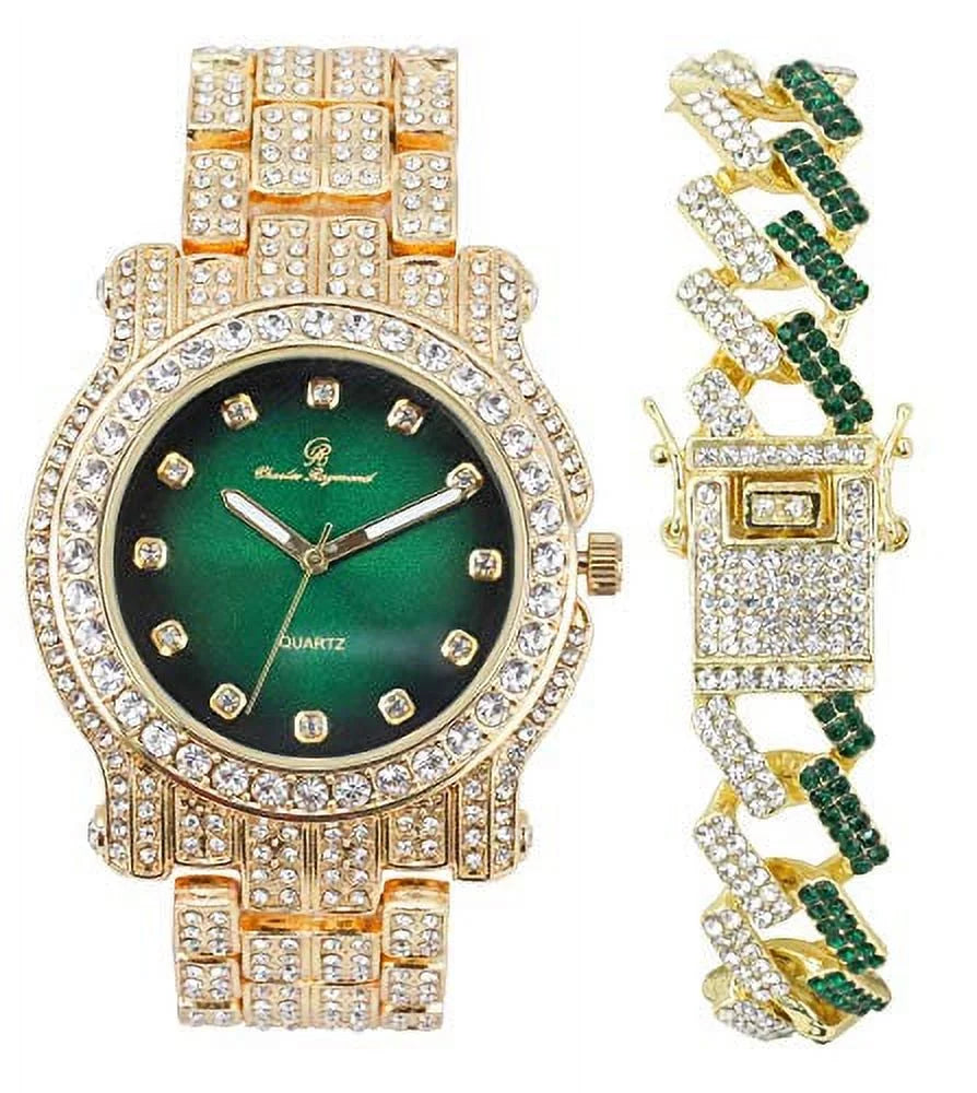 Silver Round Out (L0504DXB Luxury Money - Mens Bling-ed w/Bling-ed Bracelet Watch Green) ZZ Gold Out