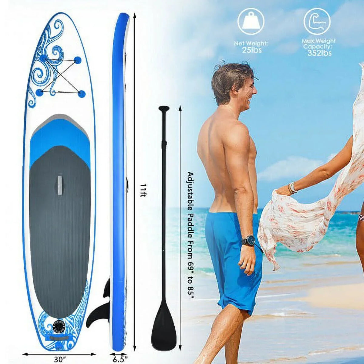 Paddle 11-Feet Sports Board Inflatable Surfing Enjoy Wonderful Adjustable Water