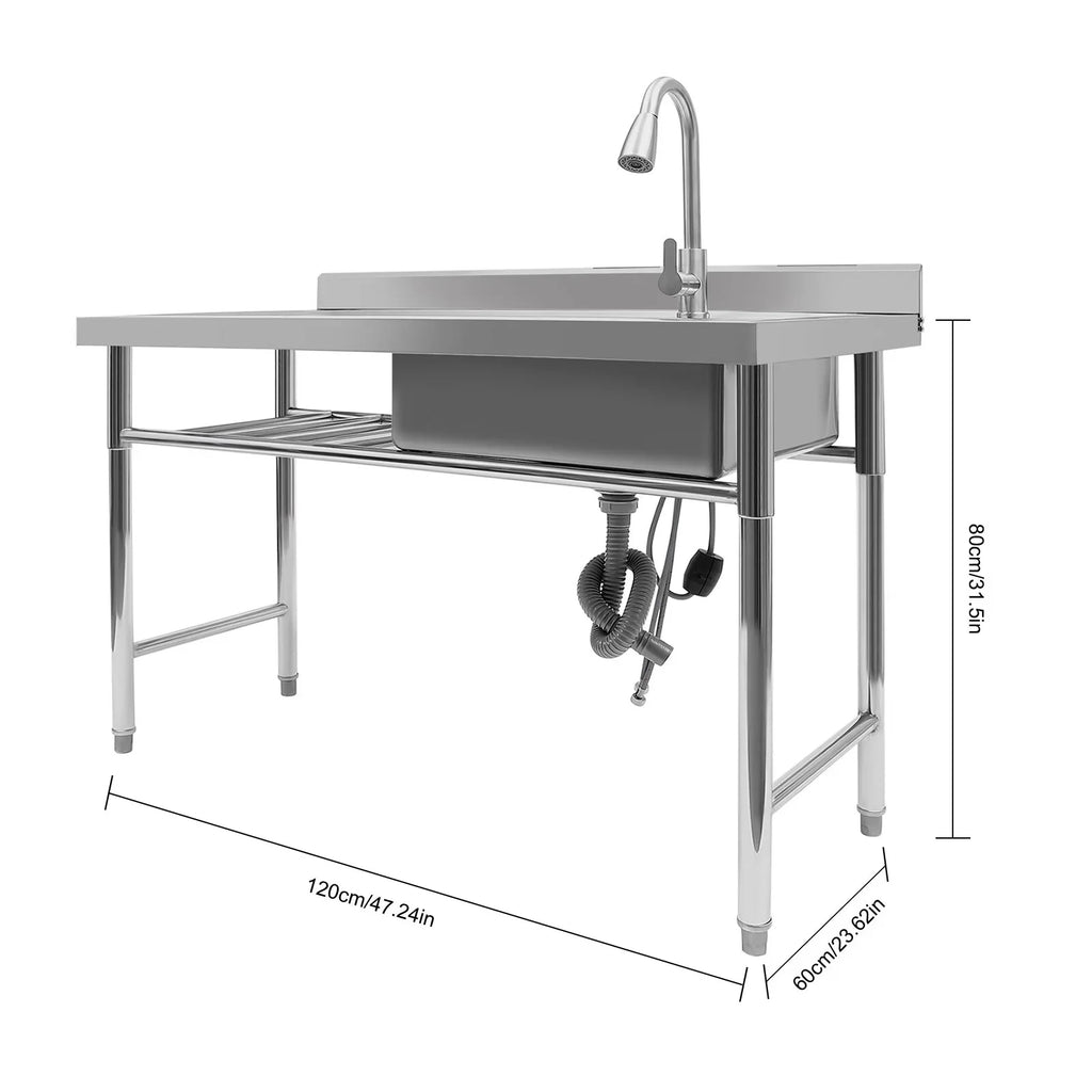 Freestanding Restaurant Washing & w/Catering Stainless Pull-Out Faucet Steel Compartment Kitchen Sink, Table Prep & 1 Basin Sink Utility Commercial Drainpipe Hand Aiqidi 47"