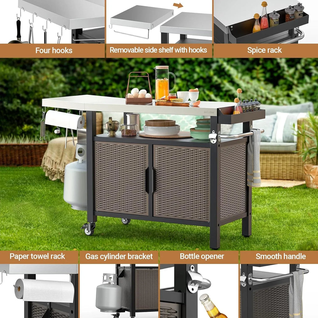 SUSIMOND and Table Rolling Shelf Stainless XL Wheels with Storage Countertop, Side Outdoor Steel 53-Inch Cart Indoor Worktable Island with Cabinet Kitchen for Dining