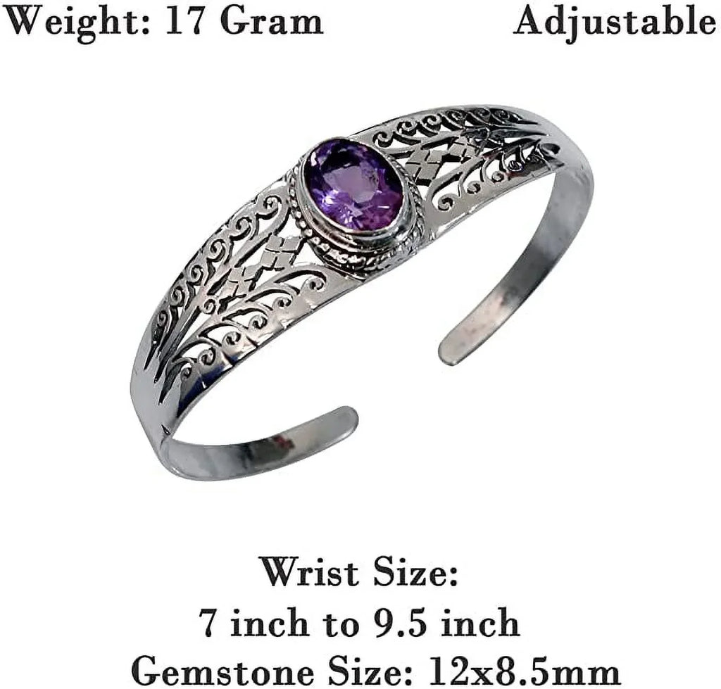 Gifts Women, Amethyst Sterling Gemstone Jewelry Fashion Designer Purple Bracelet 925 Adjustable Genuine Handmade Genuine for for Bracelets, Men Cuff Silver