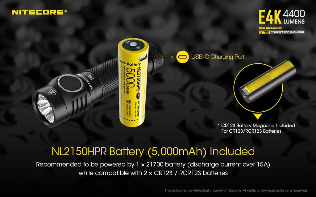 Rechargeable Combo: NITECORE 21700 -1x E4K w/Offset Battery Included Flashlight Li-ion NITECORE Mount
