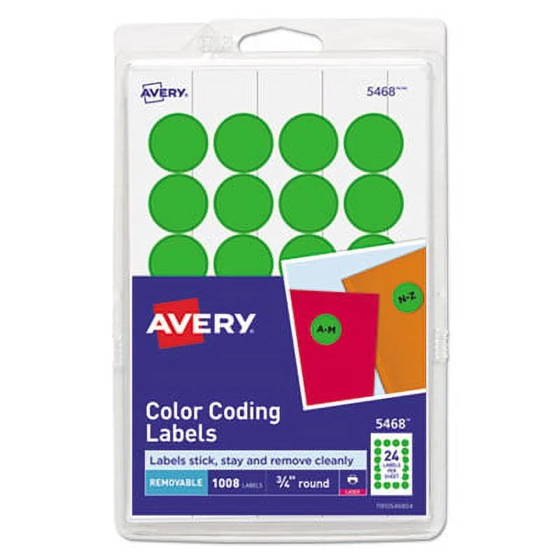 (5468) Labels, (05468) Sheets/Pack, Neon 2PK Removable 42 Green, 24/Sheet, dia, Printable Color-Coding Self-Adhesive Avery 0.75"