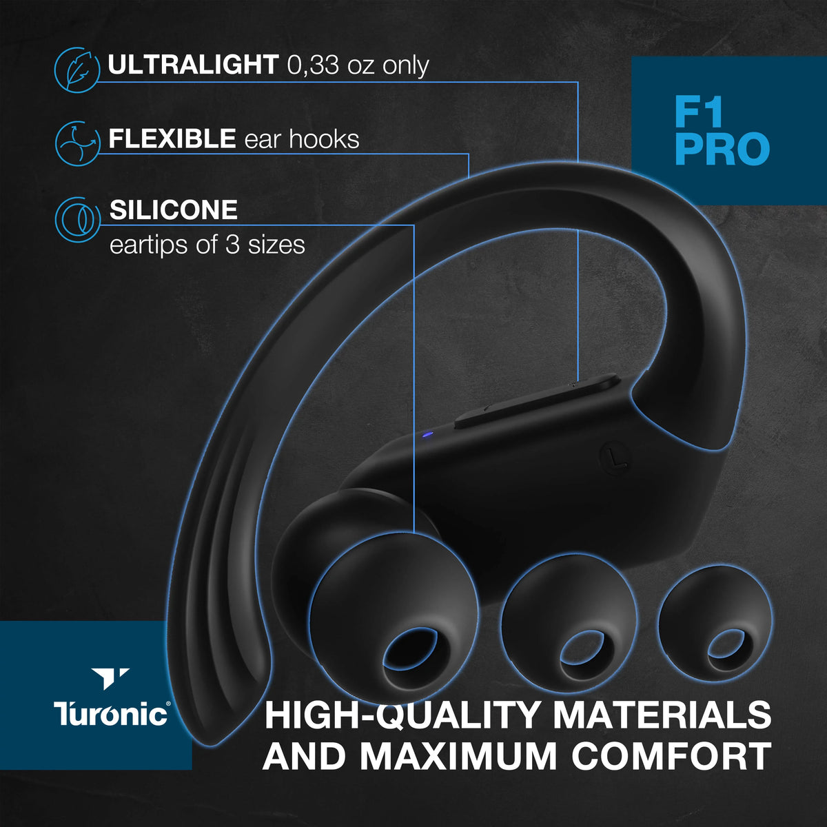 Earhook Running, Wireless - - Black w/Microphone with Sport Mic, Earbuds 45H Pro - Gym, Playtime, F1 True Charging Waterproof Turonic Bluetooth case, - Earphones Headphones Wireless Workout for IPX7