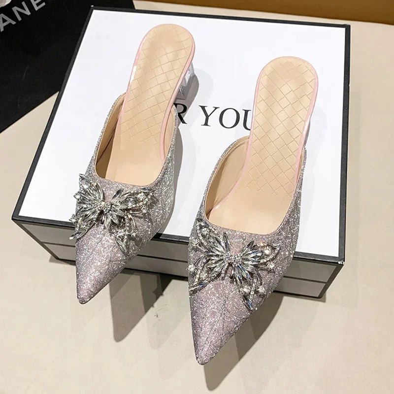 Women Mules Dress Summer Pointed Crystal Slides Flops 2024 Sexy Sandals Designer Shoes Luxury High Flip Toe Pumps Heels