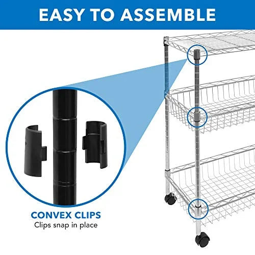 Wire Cart with 3-Tier Metal Handle for Storage Wheels and Cart Mesh Heavy-Duty Storage Silver Kitchen Trolley Multi-Function | Rolling Organization and | Mount-It! |