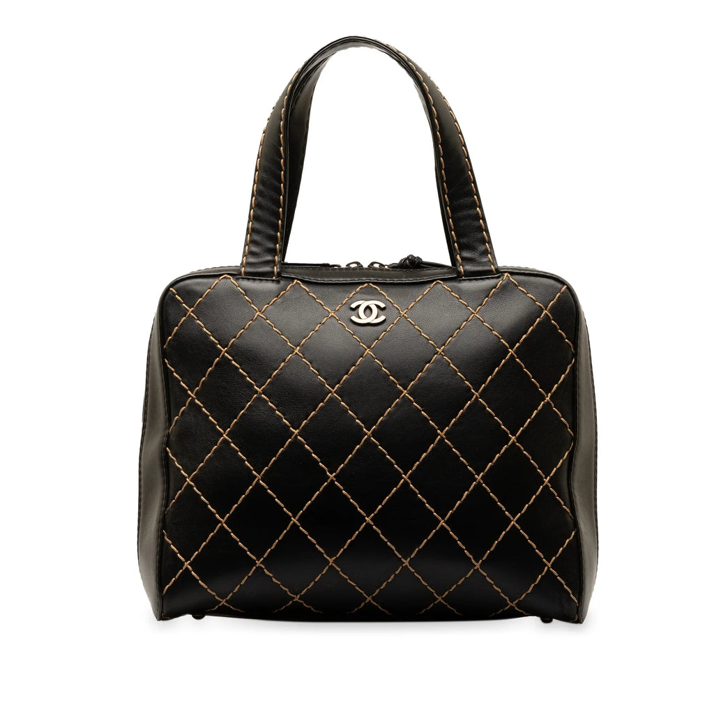 Authenticated (Good) Leather Pre-Owned Chanel CC Lambskin Top Black Unisex Wild Handbag Stitch HandleBag