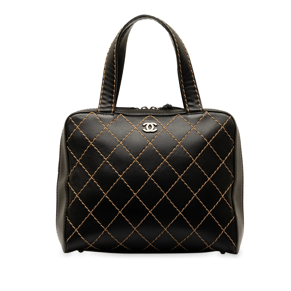 Authenticated (Good) Leather Pre-Owned Chanel CC Lambskin Top Black Unisex Wild Handbag Stitch HandleBag