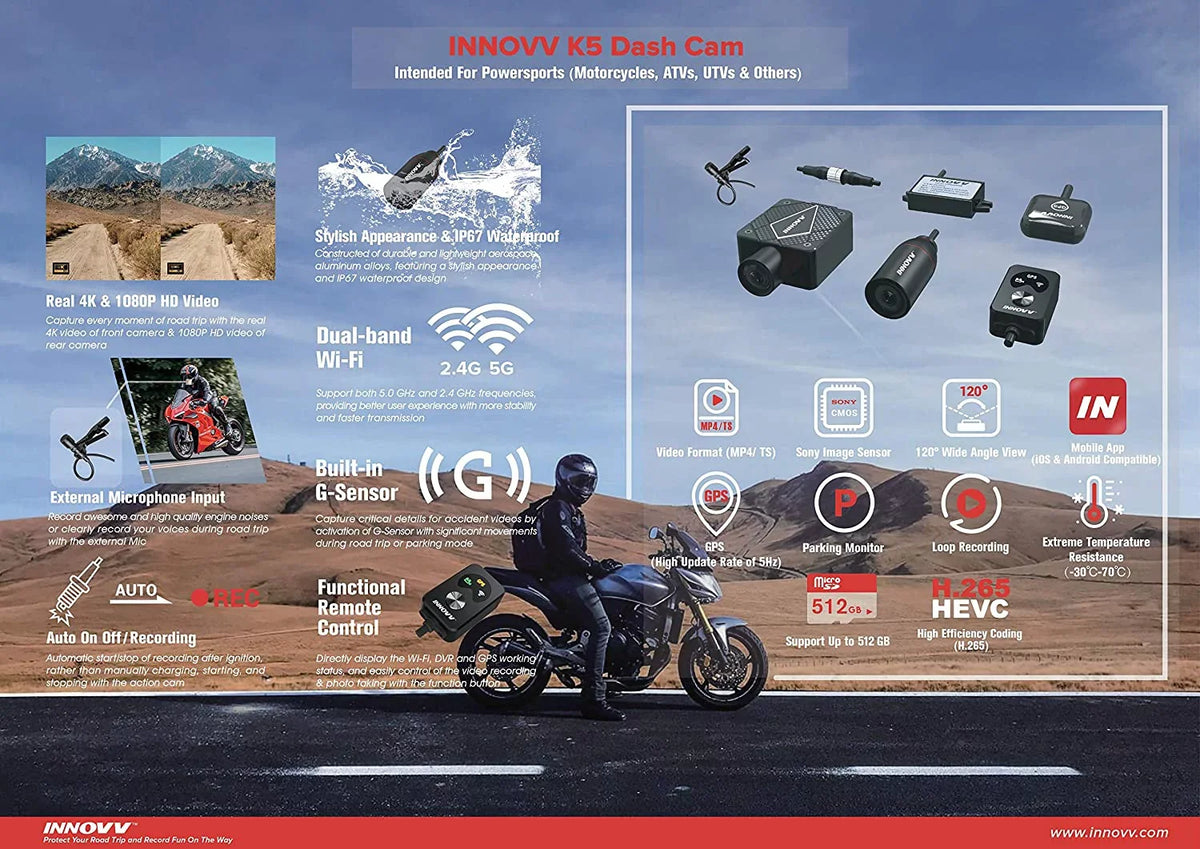 HD Resolution, Motocam Dual WiFi, GPS, Resistance Channel Mode 4K Ultra INNOVV Motorcyle (32GB) and IP67 K5 Water with Parking