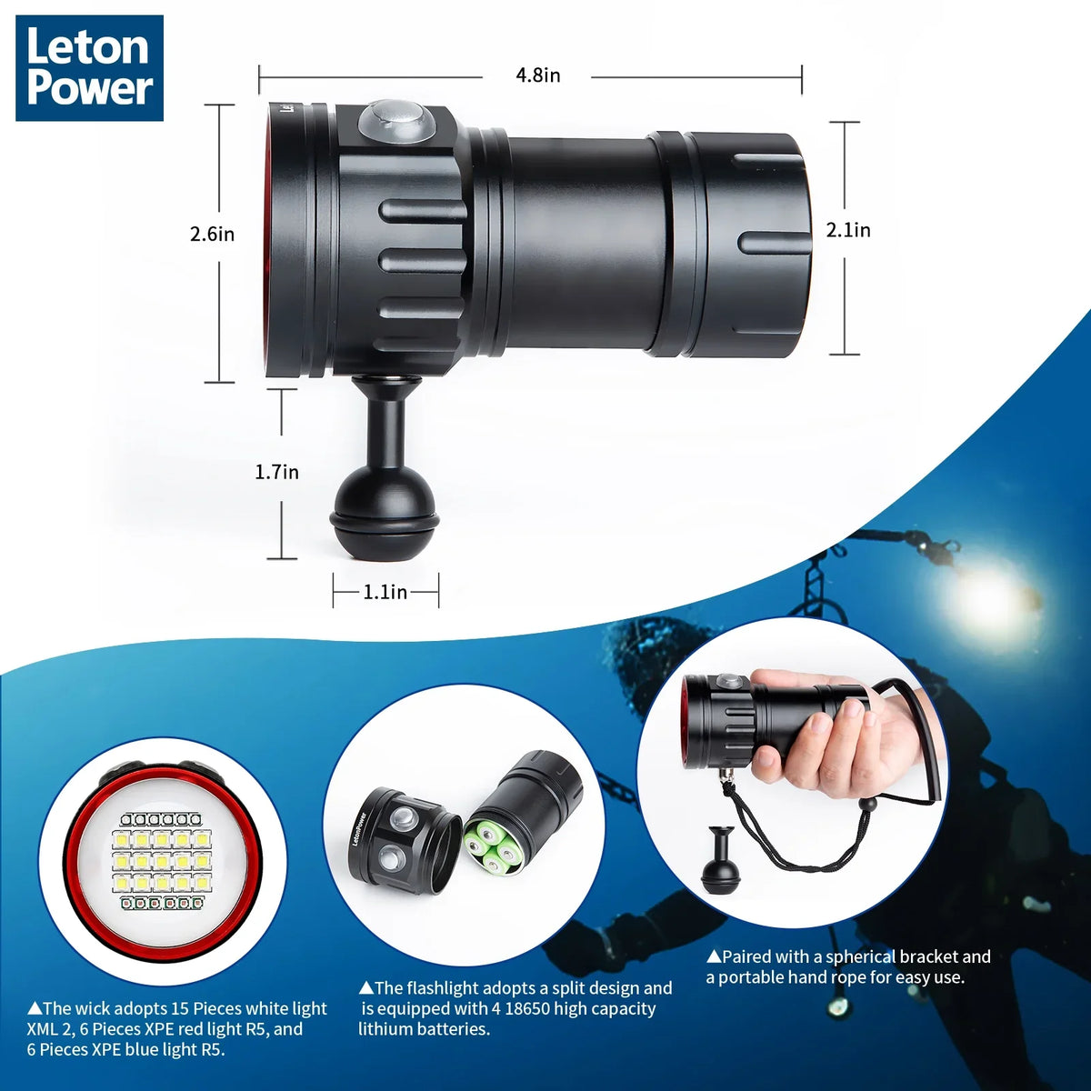 Sports,Underwater Diving for Light Dive B15 Underwater Video Under Scuba Shooting Underwater Video Light Lights Flashlight Dive Water and 80m 8000Lumens Flashlight Photography