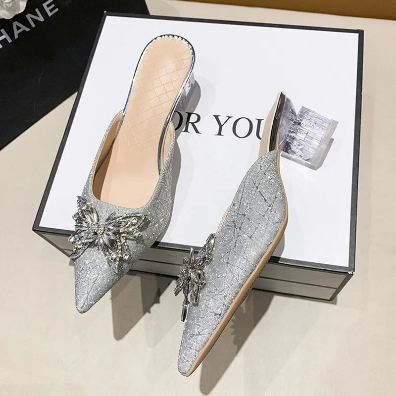 Women Mules Dress Summer Pointed Crystal Slides Flops 2024 Sexy Sandals Designer Shoes Luxury High Flip Toe Pumps Heels