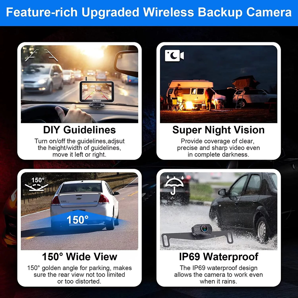 Van vision to Cam Truck Easy Signal Camper Camera Stable Car Reverse Wireless 7-Inch: 2 Bluetooth Plug Backup Channel Night Install V for Play DoHonest Kit Monitor Auto-Switching 1080P and HD Pickup