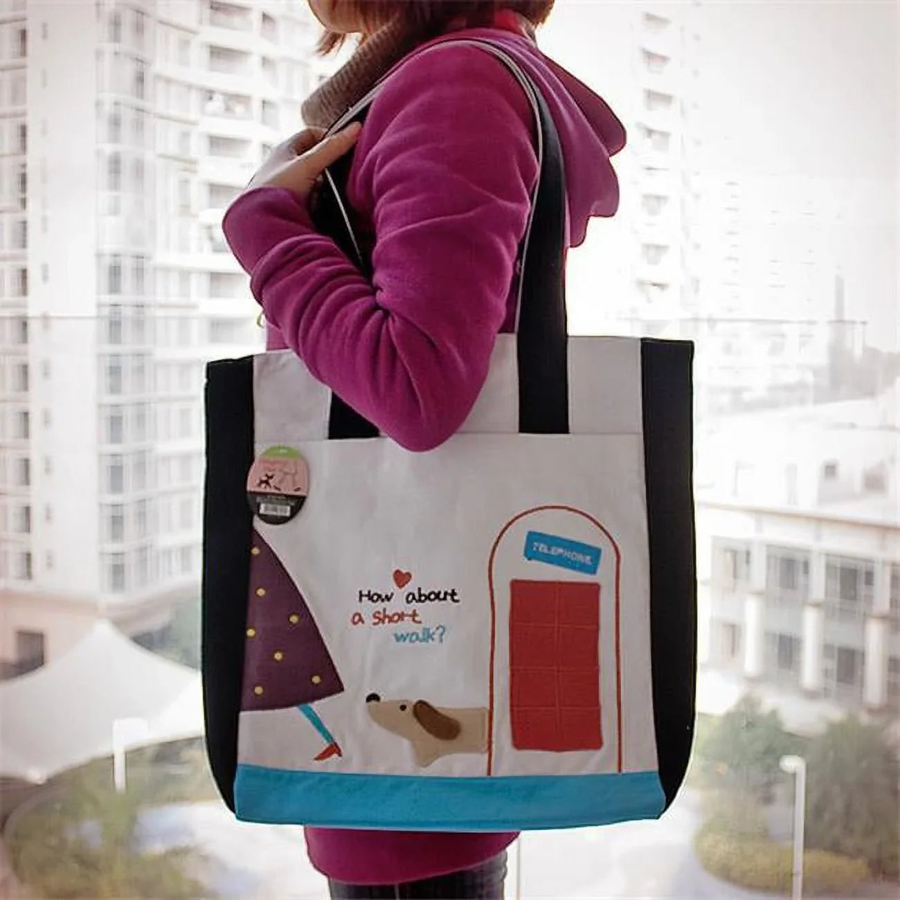 A Applique Shopper x Fabric Bag 4 - Short x BE-30-BLACK Tote 14 Art Shoulder Bag Walk & Embroidered 14.5 in.