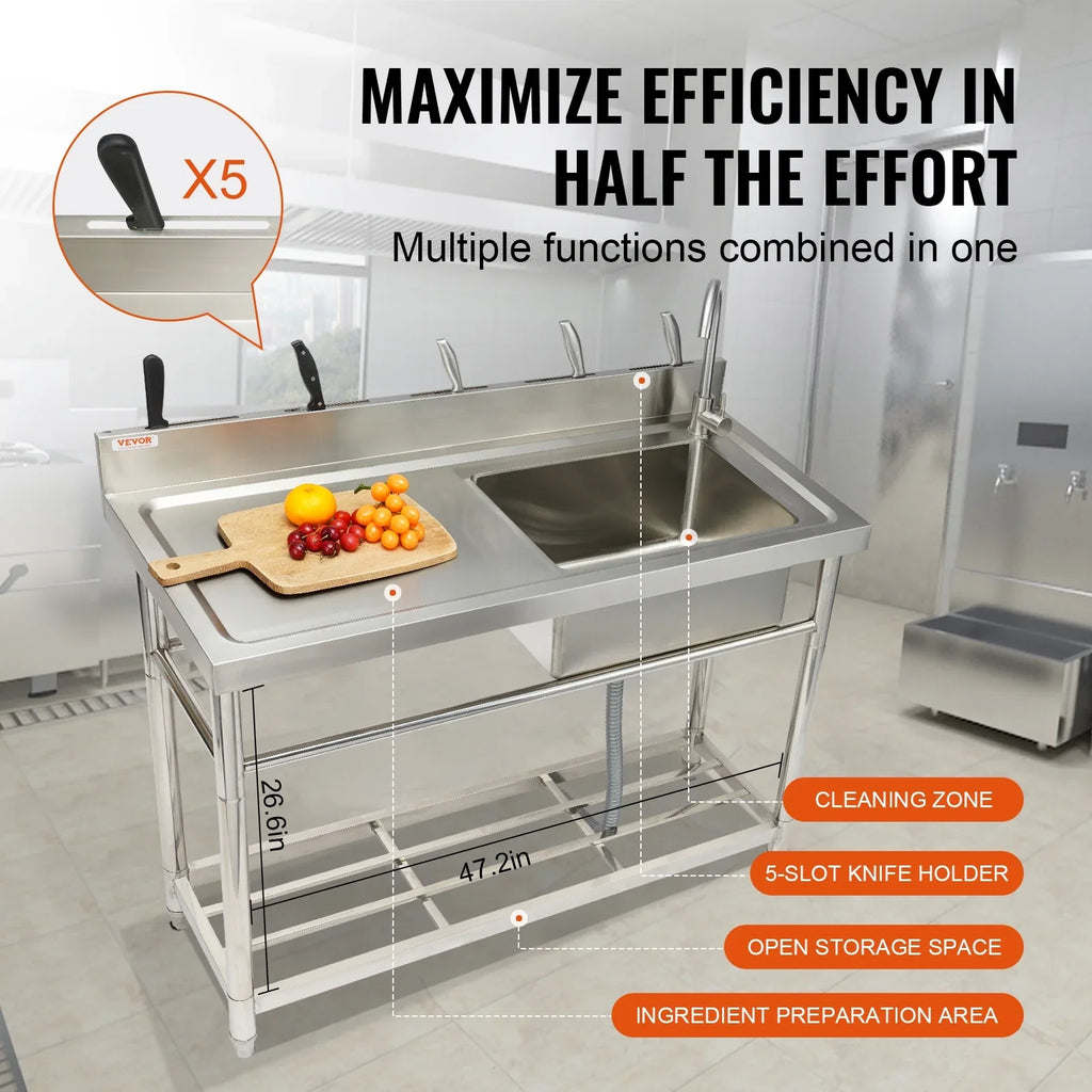Sink & Utility 47.2x19.7x37.4 Commercial Bowl Prep in BENTISM Single w/Workbench