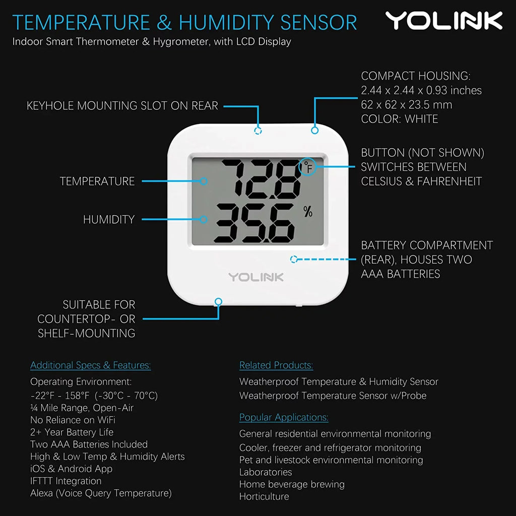 Smartphone to Alerts, Cage/Tank Fridge degrees) Hub 2 Humidity Smart Monitoring Wireless - Temperature Wide / Works Pet Monitoring Range for Freezer (-22 158 Pack IFTTT, Included Alexa with Sensor