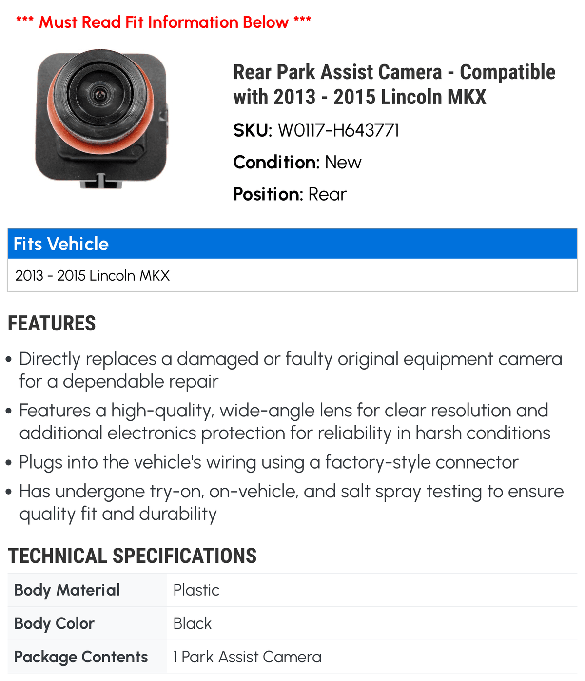 with - Lincoln MKX Compatible Assist Rear 2014 Park Camera 2013 - 2015