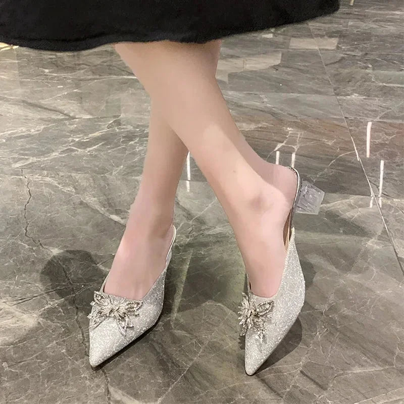 Women Mules Dress Summer Pointed Crystal Slides Flops 2024 Sexy Sandals Designer Shoes Luxury High Flip Toe Pumps Heels