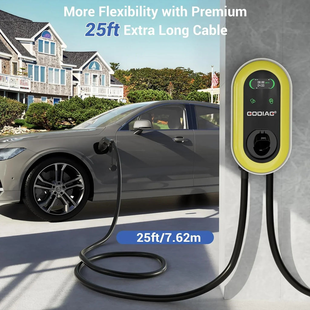 Level 25ft with Outdoor Hardwired Car 40Amp/9.6kw Electric GODIAG Station Cable EV 2 Fast 240V Charger, Charging Wall-Mount Indoor Home