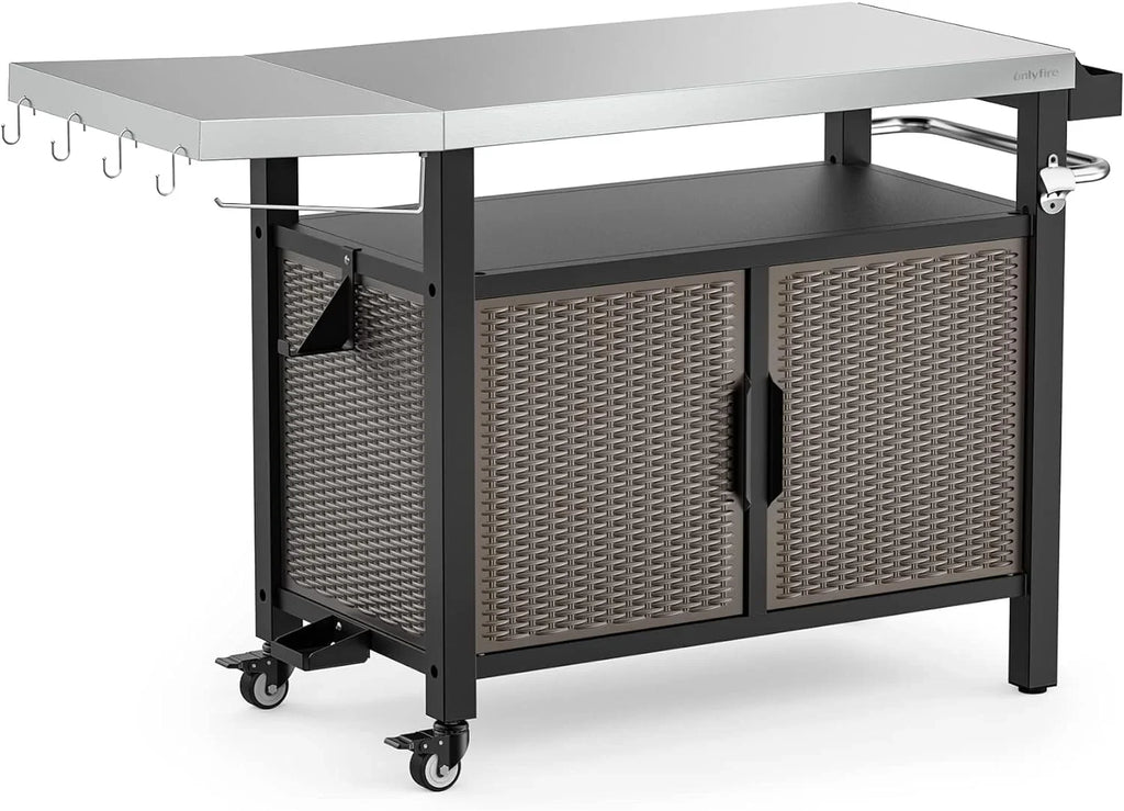SUSIMOND and Table Rolling Shelf Stainless XL Wheels with Storage Countertop, Side Outdoor Steel 53-Inch Cart Indoor Worktable Island with Cabinet Kitchen for Dining