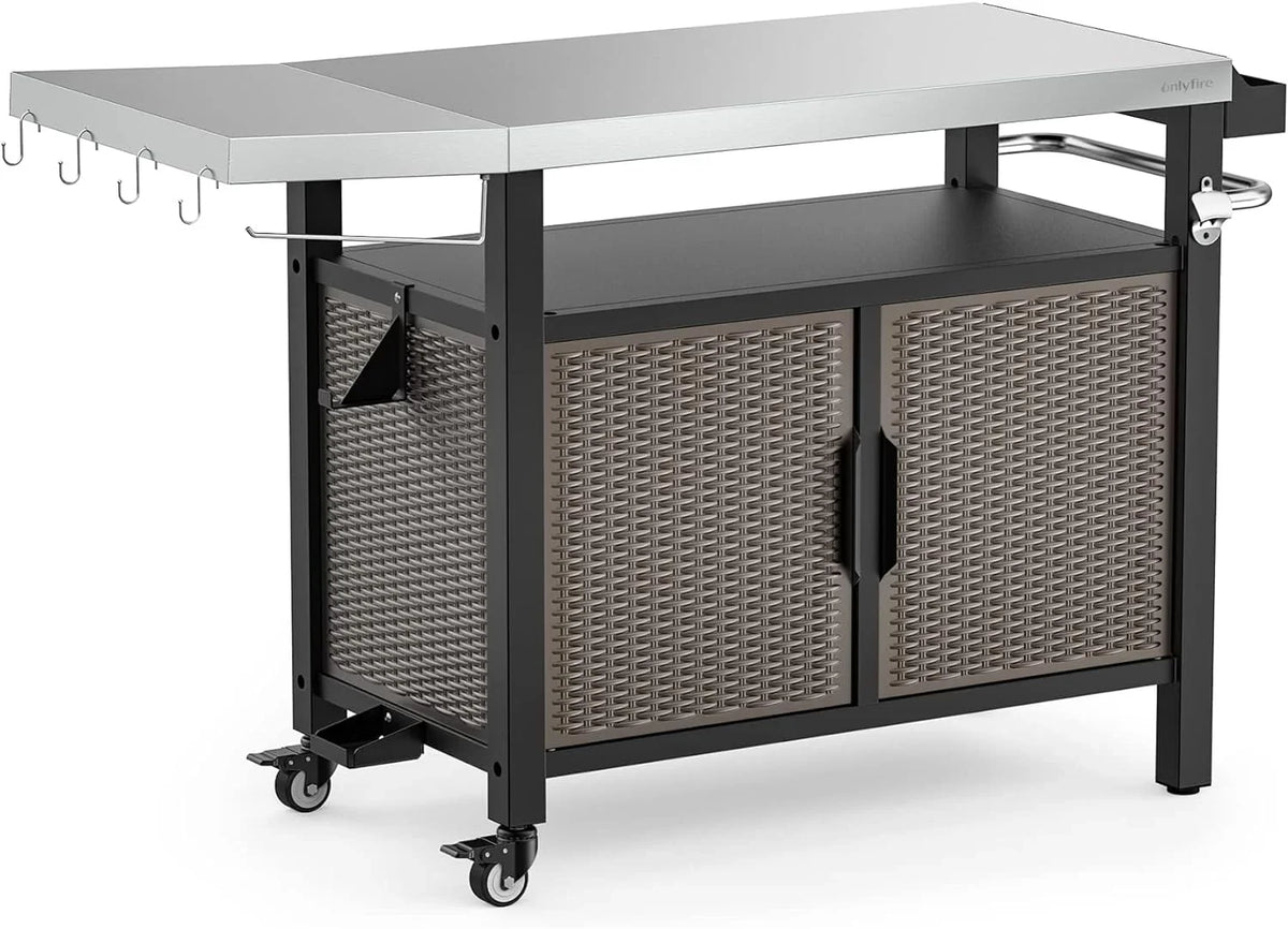 SUSIMOND and Table Rolling Shelf Stainless XL Wheels with Storage Countertop, Side Outdoor Steel 53-Inch Cart Indoor Worktable Island with Cabinet Kitchen for Dining