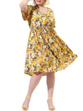 NOVA Plus 3X Yellow Midi Flare Neck V Sleeve Dress Print Casual MODA Floral Juniors'