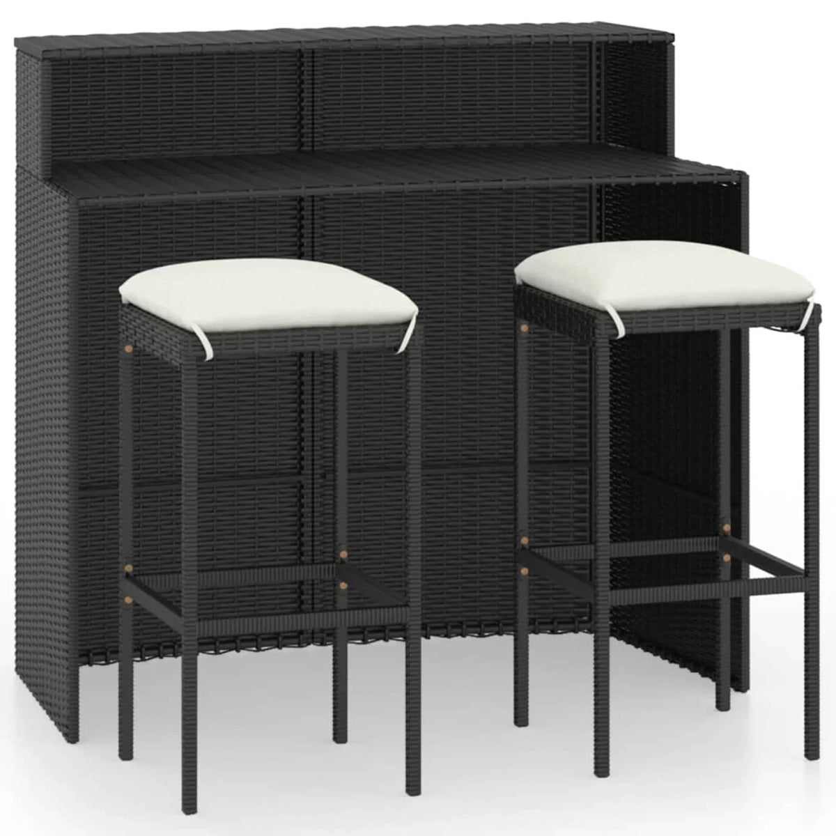 Bistro, Poly Stool 3 Set Shelf for Piece with Rattan Dining Black Bar Chairs 2 Table Cushioned Terrace, Pub, Patio and Dcenta Storage Set Backyard, Garden