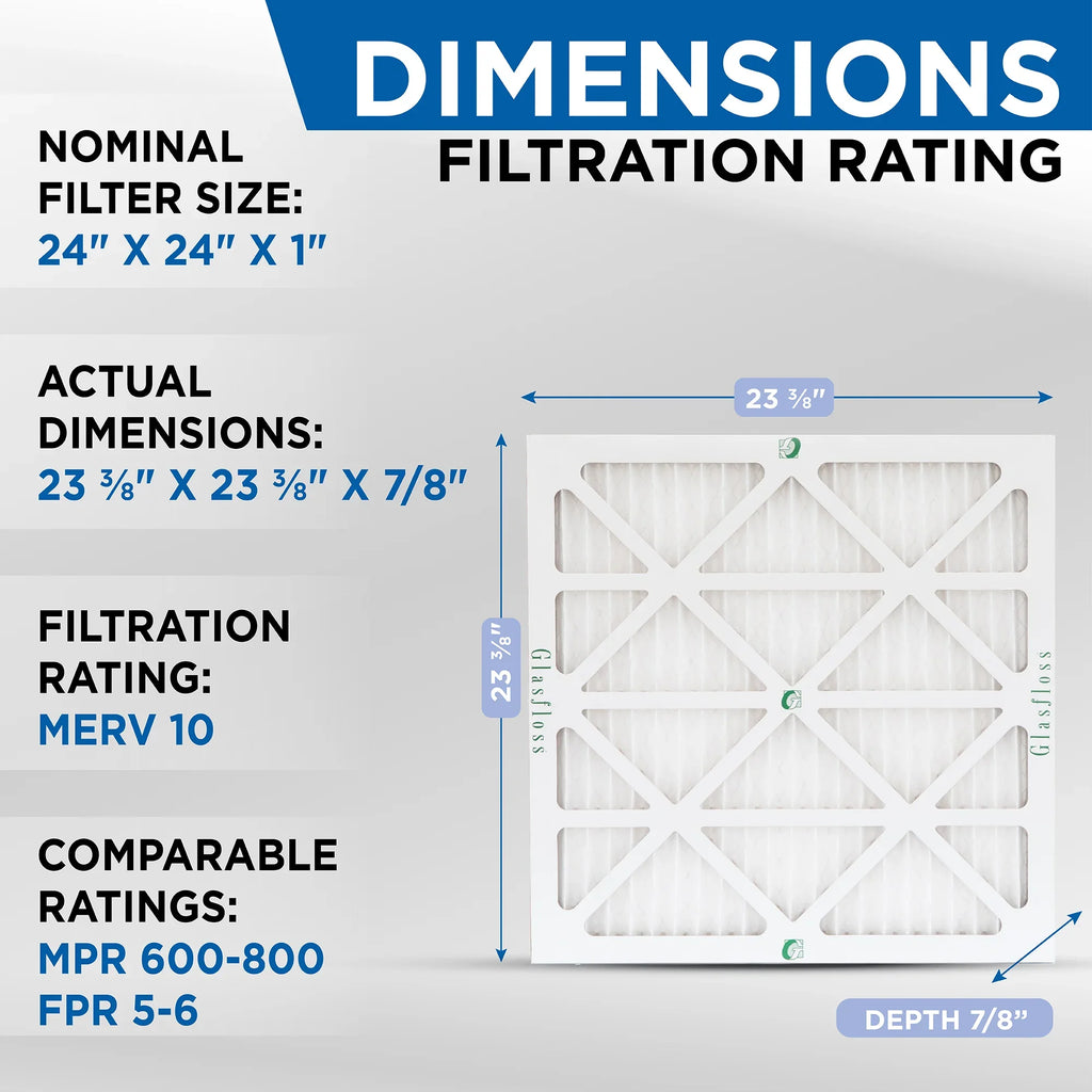 MERV x of 23-3/8 by Glasfloss. Pack 7/8 Pleated 10 Air 23-3/8 Actual Size: Filters x 24x24x1 12