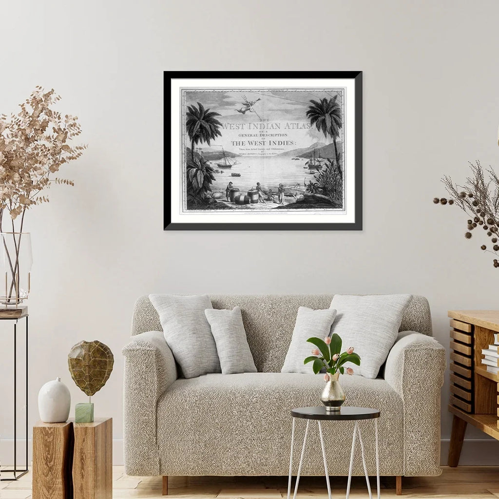casks, the West the showing Indies on beach 17-7/8" Framed and Historic harbor], [A a in Natives in the and British two Print, large with scene sailor three x ships 21-7/8"