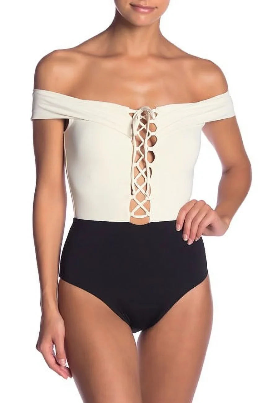 One L*Space Piece CREAM/BLACK/CAMEL Swimsuit, Off-the-Shoulder US 8
